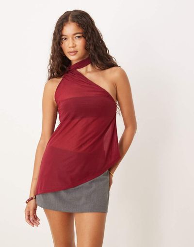 ASOS DESIGN ASOS DESIGN sheer scarf detail asymmetric longline top in burgundy-Red