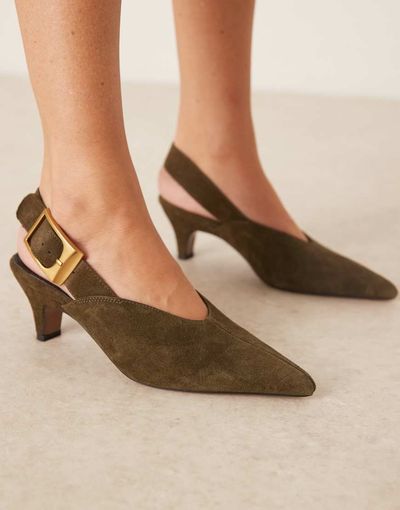 ASOS DESIGN ASOS DESIGN Shiloh large buckle detail slingback kitten heel shoes in olive suede-Green