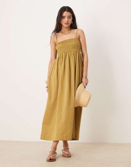 ASOS DESIGN ASOS DESIGN shirred bust cotton sateen maxi dress in moss-Green
