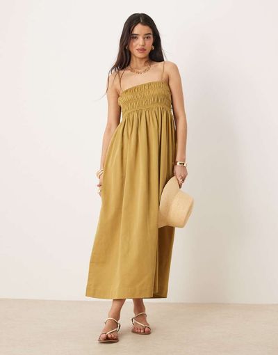 ASOS DESIGN ASOS DESIGN shirred bust cotton sateen maxi dress in moss-Green