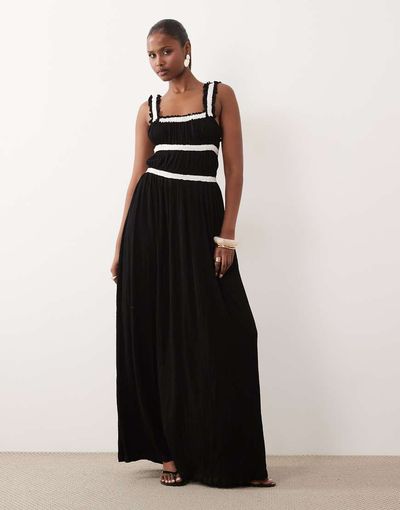 ASOS DESIGN ASOS DESIGN shirred contrast binding midi dress in black & white-Multi