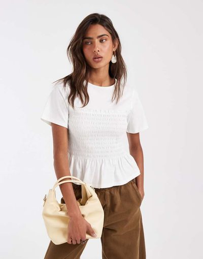 ASOS DESIGN ASOS DESIGN shirred waist detail tee in cream-White