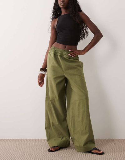 ASOS DESIGN ASOS DESIGN shirred waist linen blend pull-on pants in khaki-Green