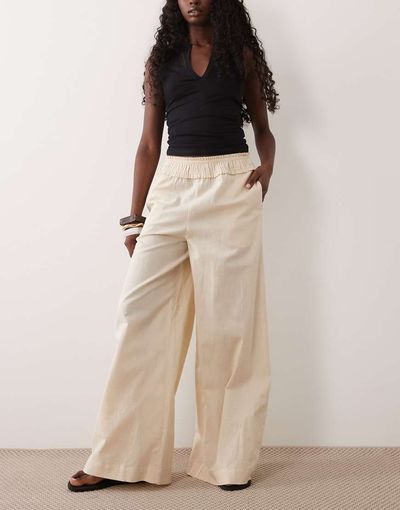 ASOS DESIGN ASOS DESIGN shirred waist linen blend pull-on pants in oatmeal-White