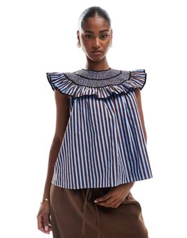 ASOS DESIGN ASOS DESIGN shirred yoke top in blue and brown stripes-Multi