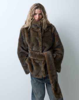 ASOS DESIGN ASOS DESIGN short faux fur funnel neck coat in mid brown