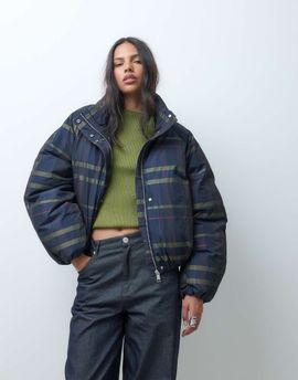 ASOS DESIGN ASOS DESIGN short funnel neck puffer jacket in dark check-Black