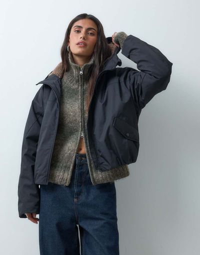 ASOS DESIGN ASOS DESIGN short hooded rain coat with borg liner in black