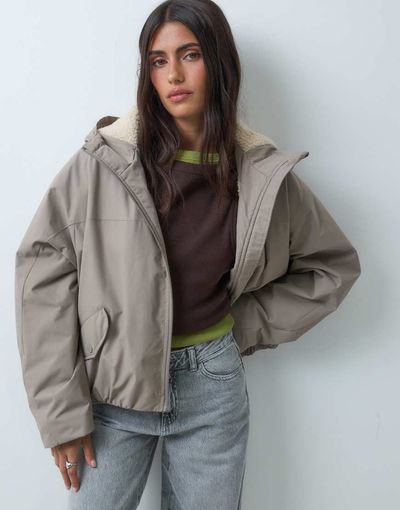 ASOS DESIGN ASOS DESIGN short hooded rain coat with borg liner in neutral