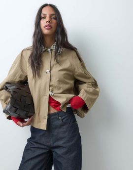 ASOS DESIGN ASOS DESIGN short pleat detail trench coat with plaid liner in dark stone-Neutral