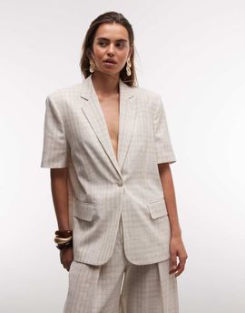 ASOS DESIGN ASOS DESIGN short sleeve blazer in beige plaid - part of a set-Neutral