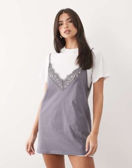 ASOS DESIGN ASOS DESIGN short sleeve lace overlay mini dress in white and lilac-Multi