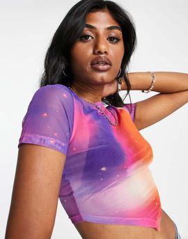 ASOS DESIGN ASOS DESIGN short sleeve mesh top with scarf hem in galaxy print - MULTI