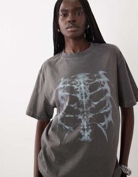 ASOS DESIGN ASOS DESIGN short sleeve oversized graphic top with skeleton in washed charcoal-Gray