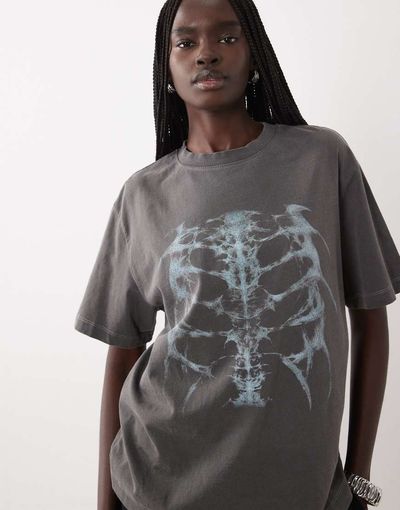 ASOS DESIGN ASOS DESIGN short sleeve oversized graphic top with skeleton in washed charcoal-Gray