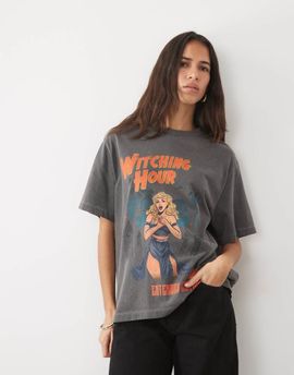 ASOS DESIGN ASOS DESIGN short sleeve oversized with Witching Hour graphic top in washed charcoal-Gray