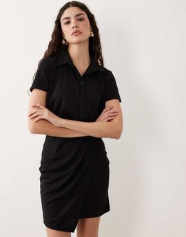 ASOS DESIGN ASOS DESIGN short sleeve shirt detail with wrap skirt mini dress in black