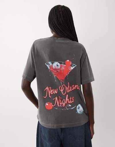 ASOS DESIGN ASOS DESIGN short sleeve with New Orleans Nights martini glass Halloween graphic oversized t-shirt in washed charcoal-Gray