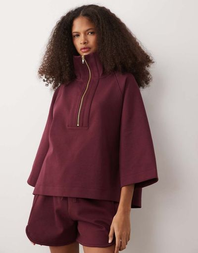 ASOS DESIGN ASOS DESIGN short sleeve with zip detail top in burgundy in scuba-style fabric-Gray