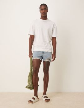 ASOS DESIGN ASOS DESIGN shorter length straight fit denim shorts with rip detail in light wash blue
