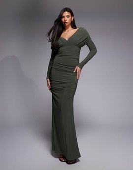 ASOS DESIGN ASOS DESIGN shoulder grazer draped sleeves maxi dress in khaki green