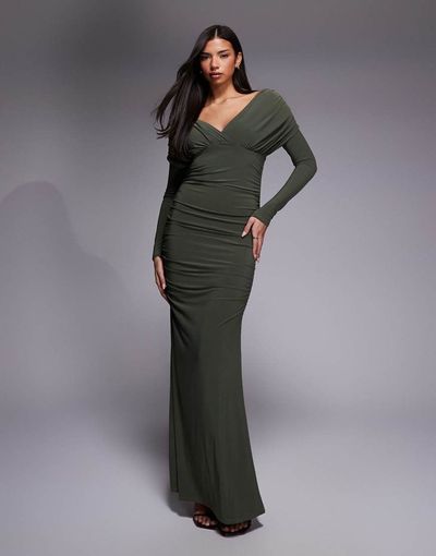 ASOS DESIGN ASOS DESIGN shoulder grazer draped sleeves maxi dress in khaki green