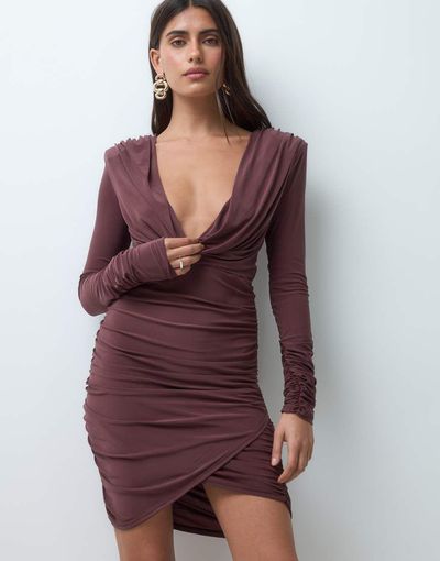 ASOS DESIGN ASOS DESIGN shoulder pad mini dress with cowl deep plunge neckline in bitter chocolate-RED