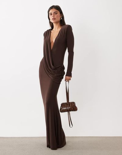 ASOS DESIGN ASOS DESIGN shoulder pad slinky maxi dress with sweeping drape detail in chocolate-Brown