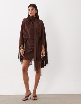 ASOS DESIGN ASOS DESIGN shoulder pad tie neck fringe sleeve mini dress in brown