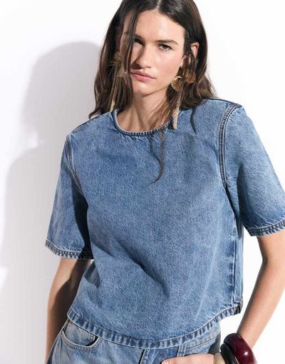ASOS DESIGN ASOS DESIGN shoulder pads denim t-shirt in mid blue - part of a set