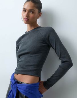 ASOS DESIGN ASOS DESIGN shrunken raglan long sleeve baby tee in washed charcoal-Gray