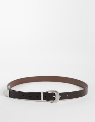 ASOS DESIGN ASOS DESIGN skinny belt with silver curve buckle and metal tip in brown-Black
