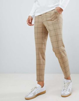 ASOS DESIGN ASOS DESIGN skinny smart trouser in putty window pane check with drawcord waist-Gray