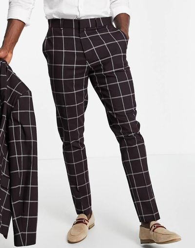 ASOS DESIGN ASOS DESIGN skinny suit pants with window pane check in burgundy-Red