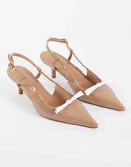 ASOS DESIGN ASOS DESIGN Skippy bow detail slingback kitten heel pumps in beige patent-Neutral
