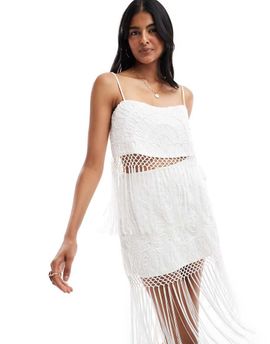ASOS DESIGN ASOS DESIGN skirt with chain-stitch embroidery and fringe detailing - part of a set-White