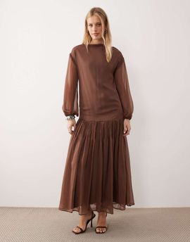 ASOS DESIGN ASOS DESIGN slash neck chiffon godet maxi dress in chocolate-No color