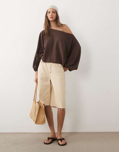 ASOS DESIGN ASOS DESIGN slash neck cuffed batwing sleeve sweater in chocolate-Brown