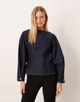 ASOS DESIGN ASOS DESIGN slash neck denim blouse with cocoon sleeves in indigo-Blue
