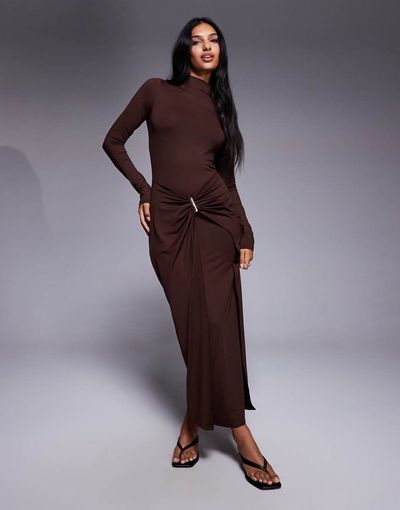 ASOS DESIGN ASOS DESIGN slash neck long sleeve wrap hardware detail midi dress in chocolate-Brown