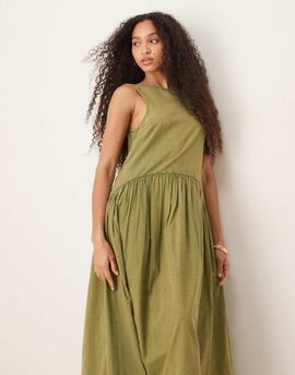 ASOS DESIGN ASOS DESIGN slash neck smock midi dress with dropped waist in in olive-Green