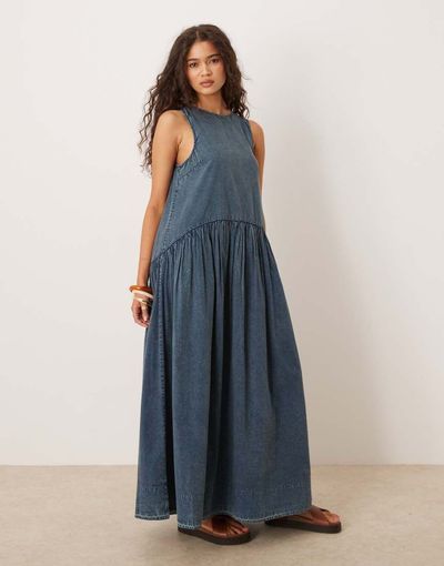 ASOS DESIGN ASOS DESIGN slash neck smock midi dress with dropped waist in washed denim blue