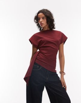 ASOS DESIGN ASOS DESIGN slash neck wrap waist top in burgundy-Red
