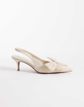 ASOS DESIGN ASOS DESIGN Sleek bow detail slingback kitten heels in natural linen-Neutral