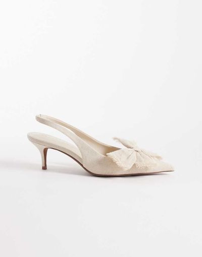 ASOS DESIGN ASOS DESIGN Sleek bow detail slingback kitten heels in natural linen-Neutral