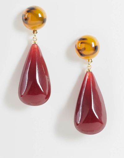 ASOS DESIGN ASOS DESIGN sleek pendant earrings in tortoise shell and burgundy resin-RED