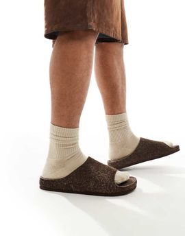 ASOS DESIGN ASOS DESIGN slide sandals in stone hairy suede-Brown