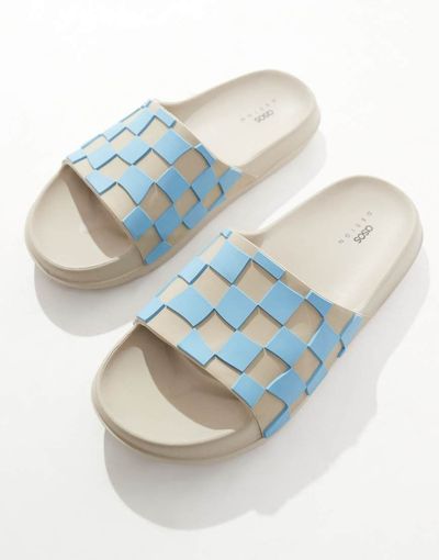 ASOS DESIGN ASOS DESIGN slides in stone with blue checkerboard