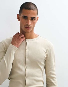 ASOS DESIGN ASOS DESIGN slim fit ribbed long sleeve button through top in beige-NEUTRAL