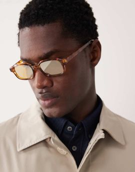 ASOS DESIGN ASOS DESIGN slim rectangle reflective sunglasses in tort with yellow lenses-Brown